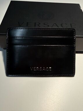 Versace Black Leather Slim Card Holder with Embossed Logo